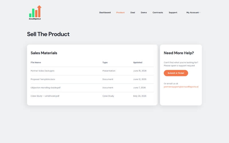 AnnualReports.ai partner portal sales materials dashboard with resources, case studies and support options.