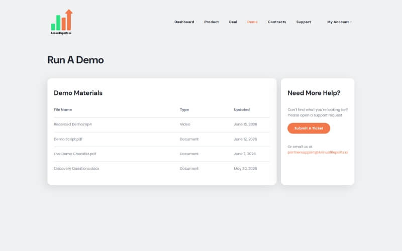 AnnualReports.ai partner portal demo materials dashboard with demo videos, scripts, checklists and support options.