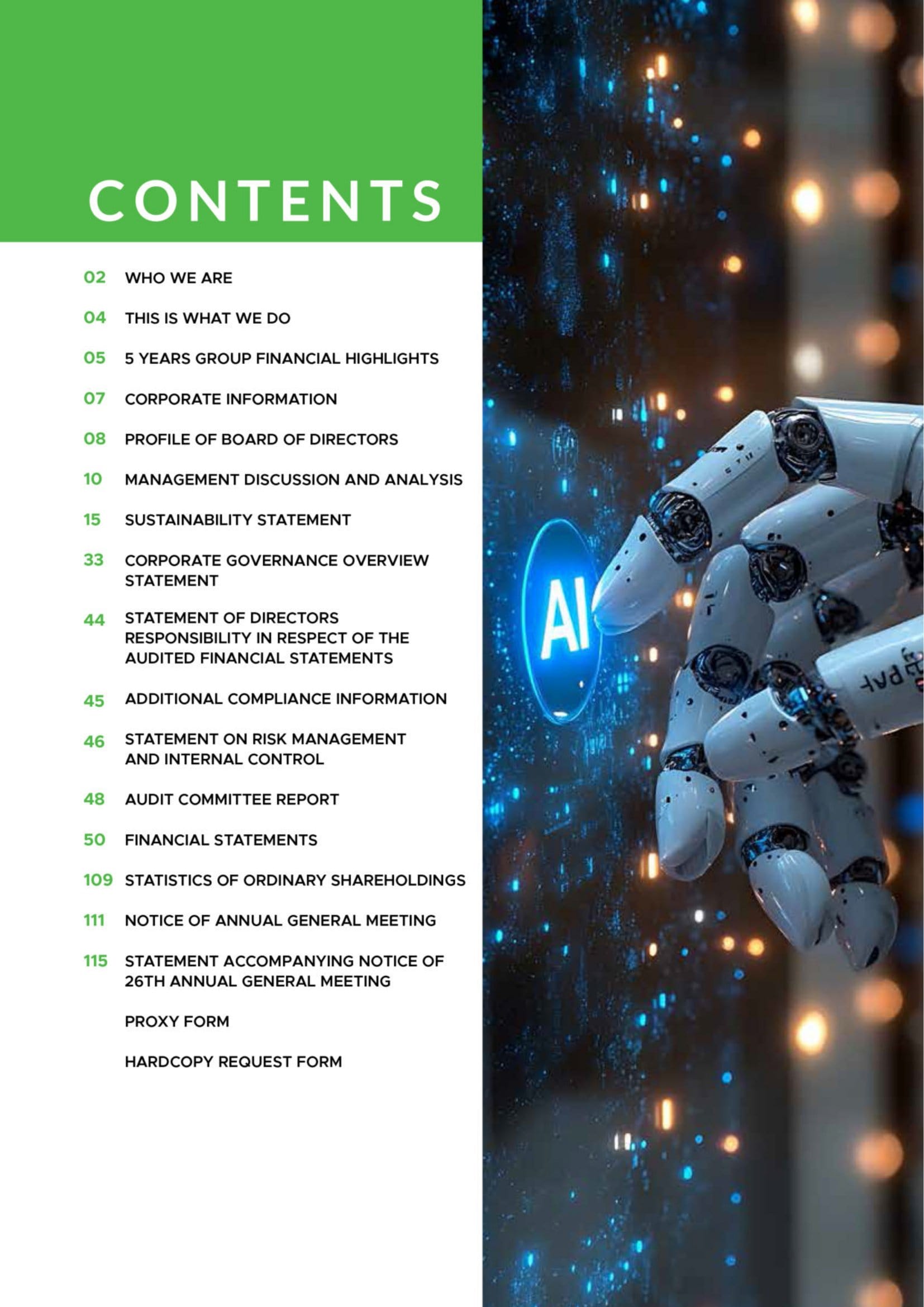 Existing annual report contents page with green layout and AI technology background.