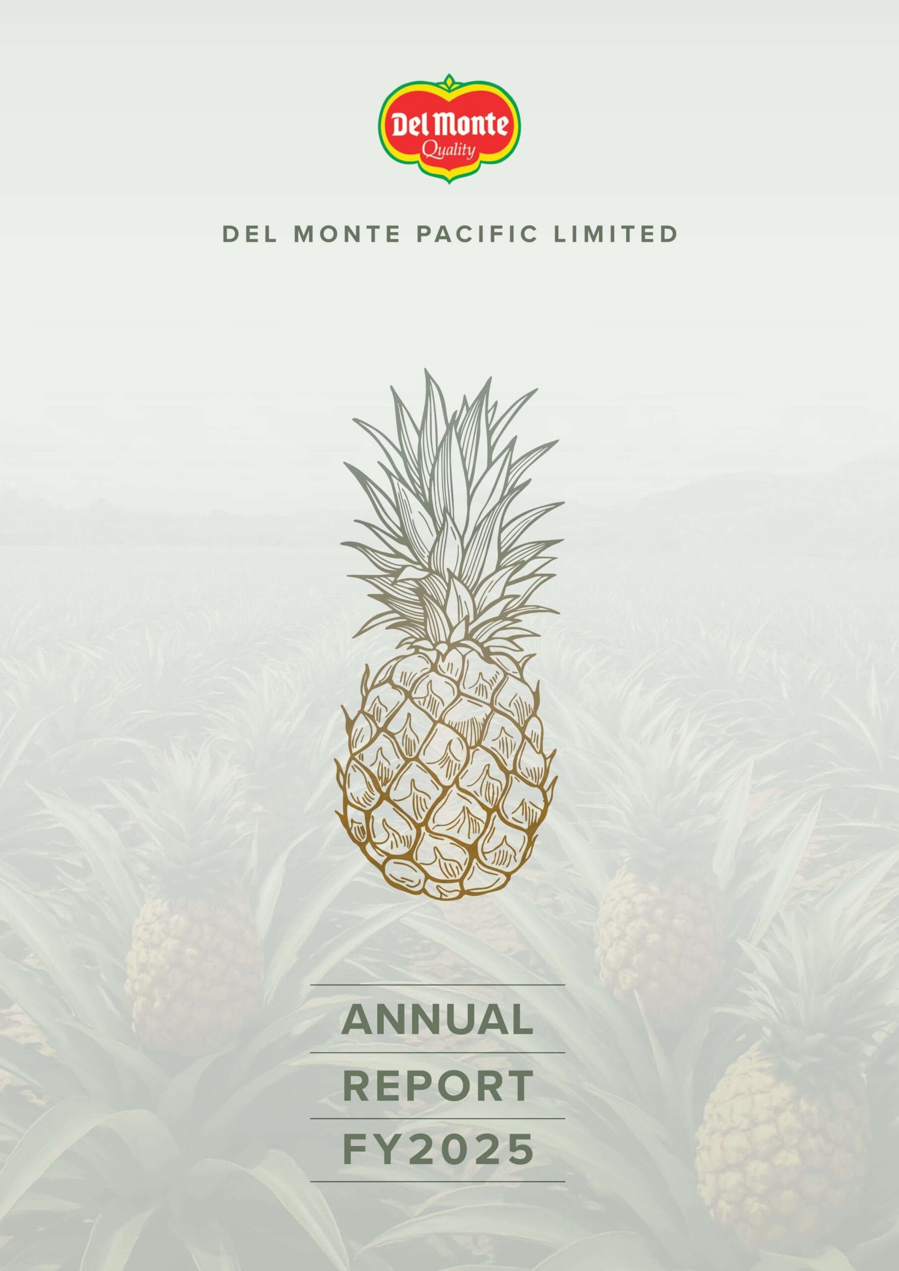 Del Monte Annual Report 2025 existing cover design with pineapple illustration and minimal layout.
