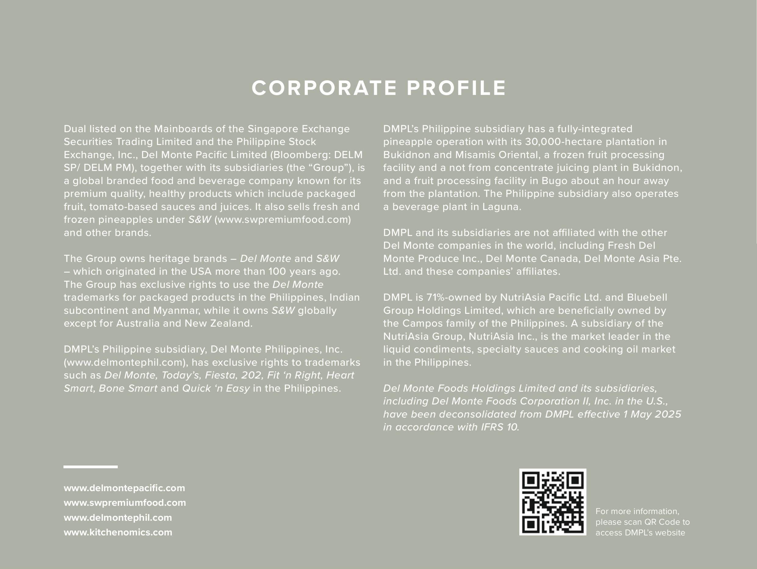 Existing Del Monte annual report corporate profile page with dense text layout.