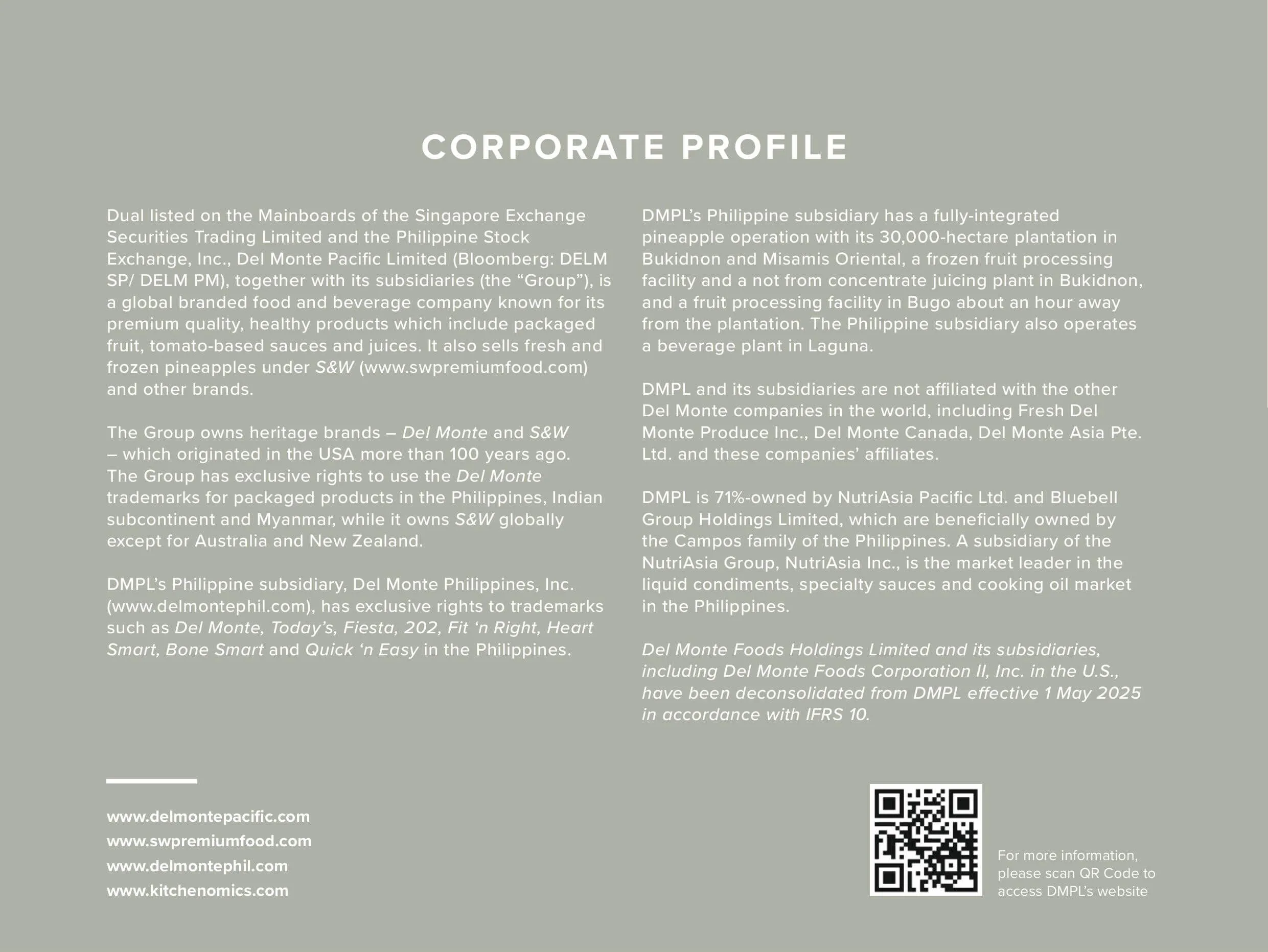 Existing Del Monte annual report corporate profile page with dense text layout.