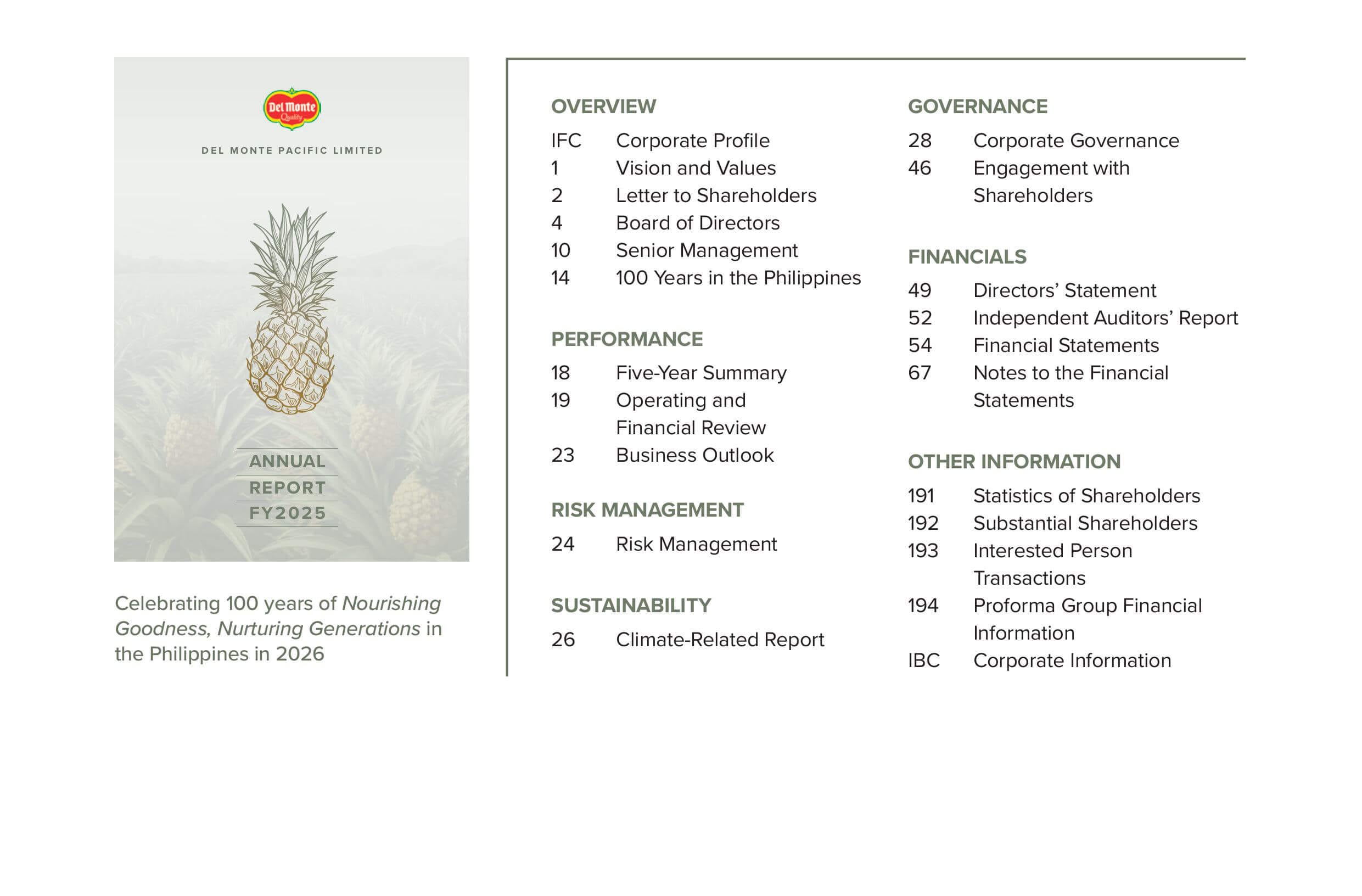 Existing Del Monte annual report contents page with compact navigation layout.
