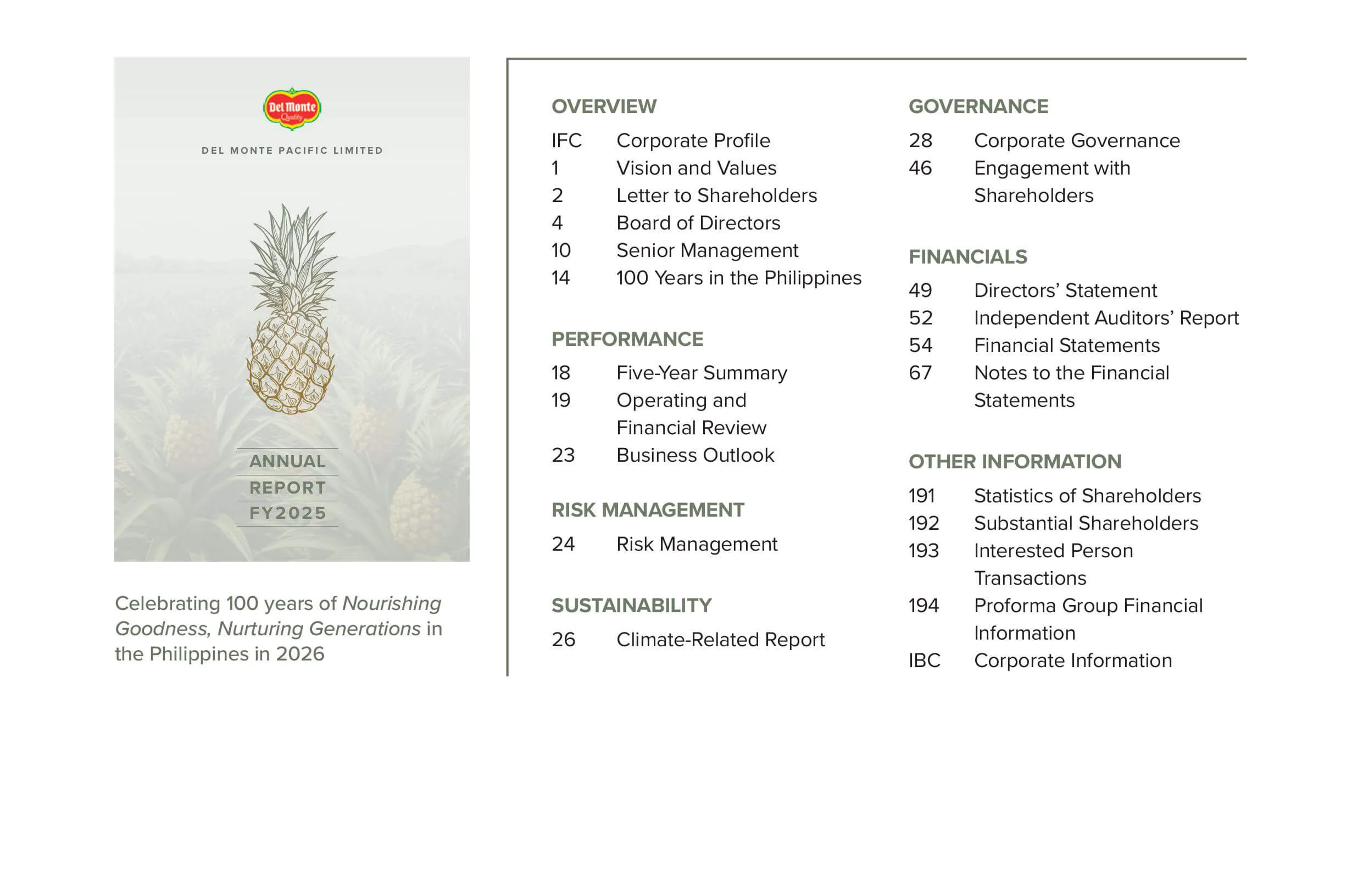 Existing Del Monte annual report contents page with compact navigation layout.