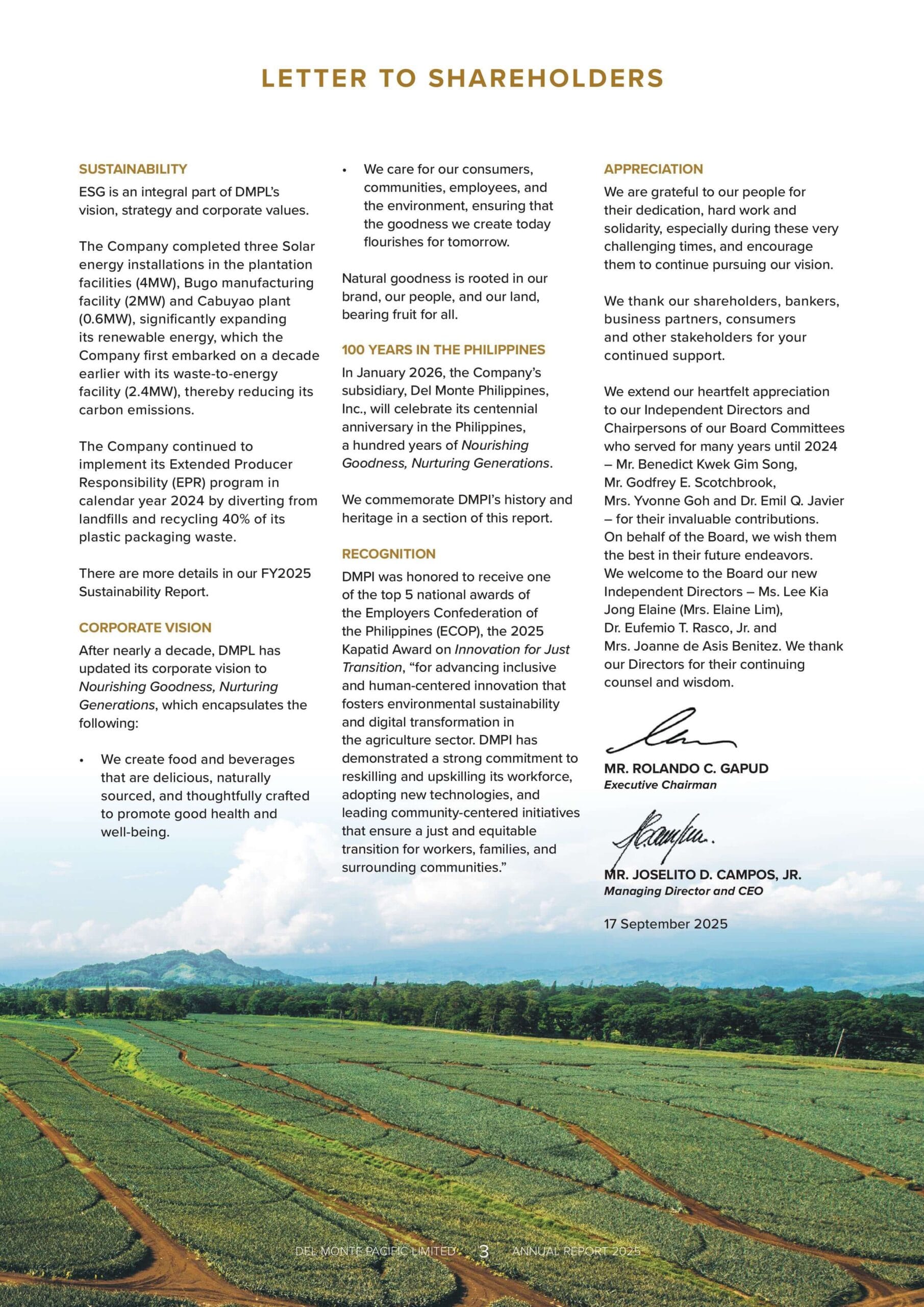Existing Del Monte annual report shareholder letter page with text-heavy layout.
