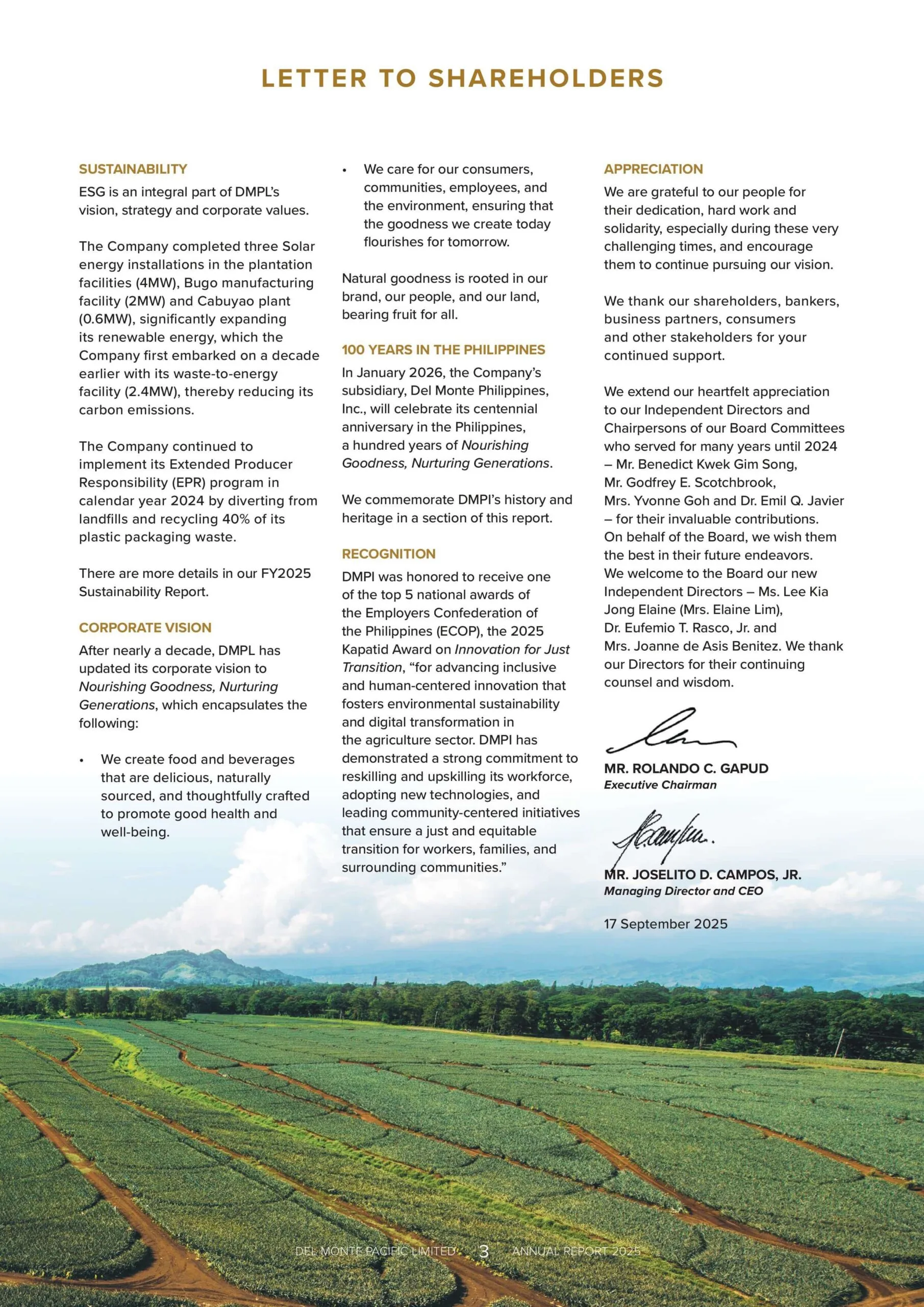 Existing Del Monte annual report shareholder letter page with text-heavy layout.