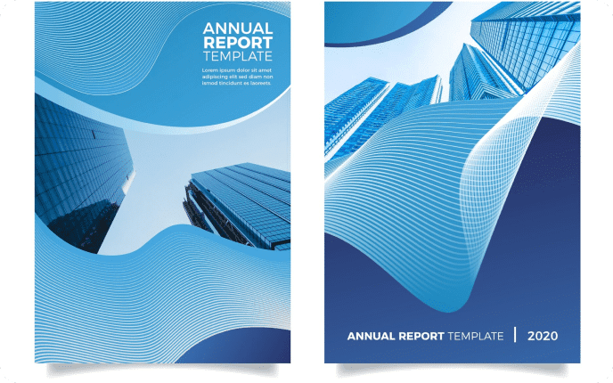 Annual report template cover featuring an abstract blue wave design and modern skyscrapers, ideal for generating business reports online.
