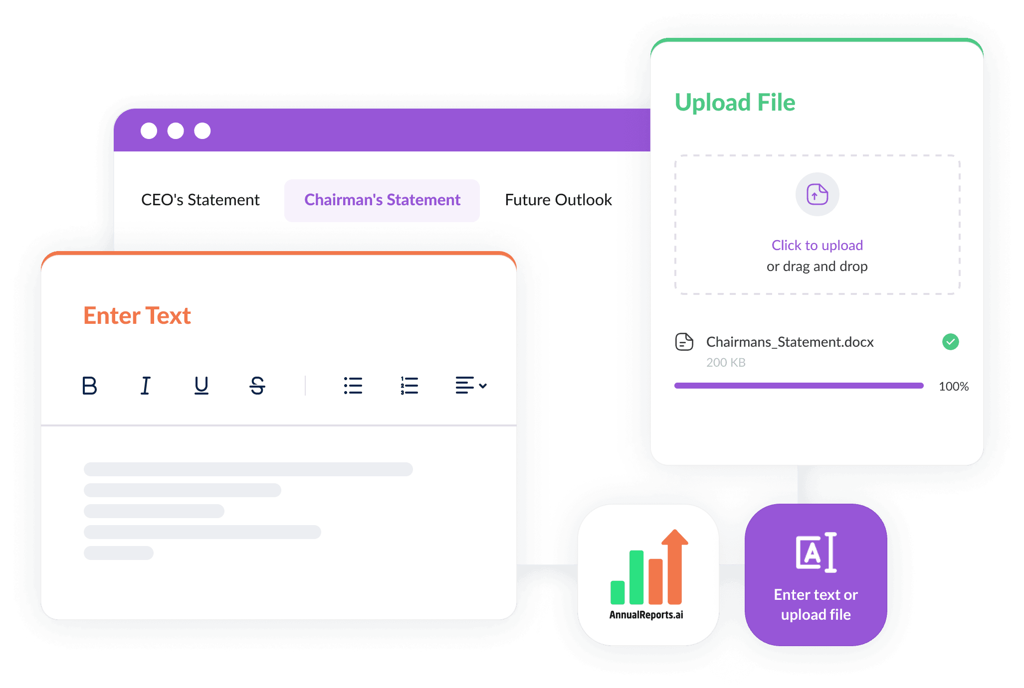 Write and generate an annual report by uploading your content into the correct sections for easy editing and formatting.