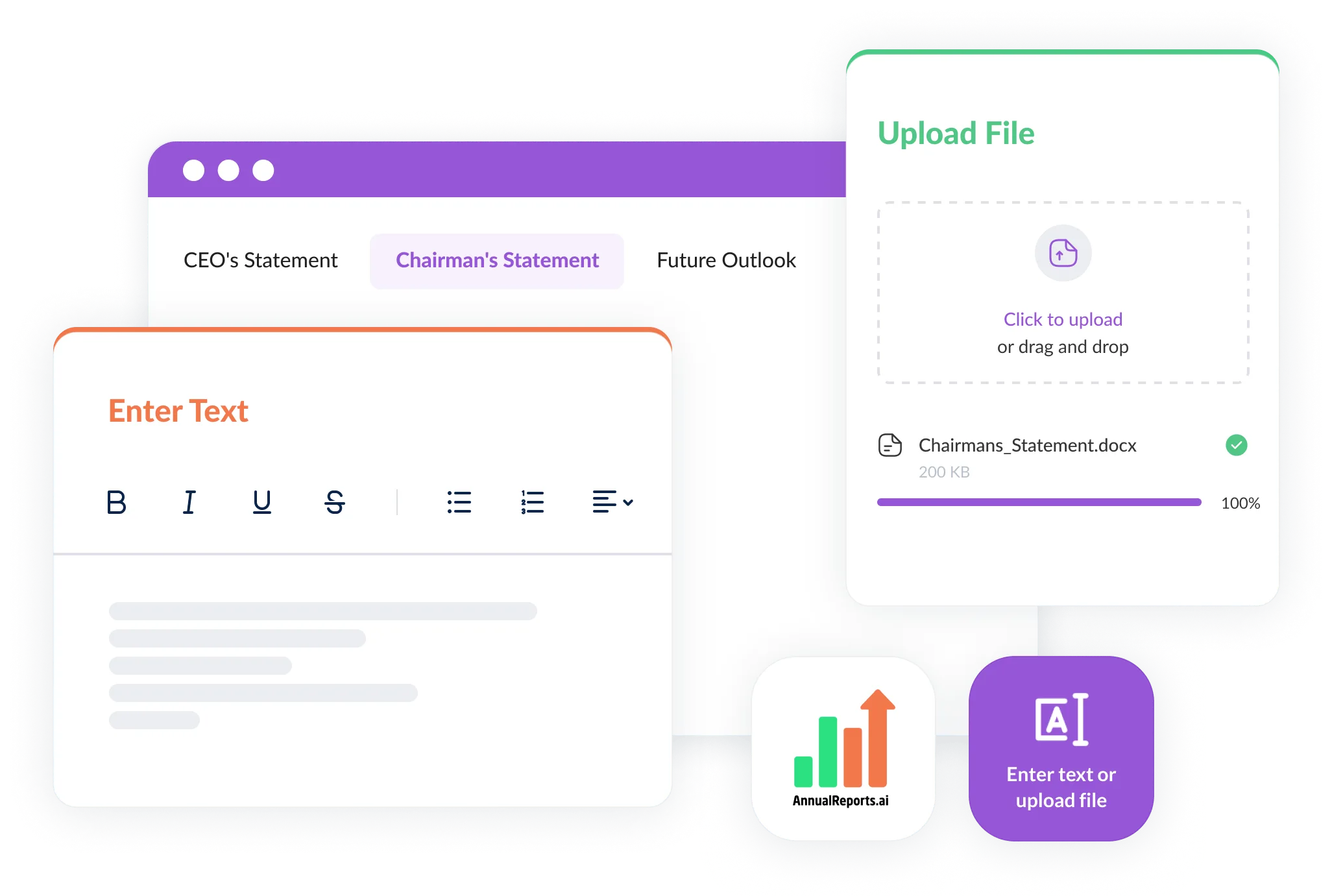 Write and generate an annual report by uploading your content into the correct sections for easy editing and formatting.