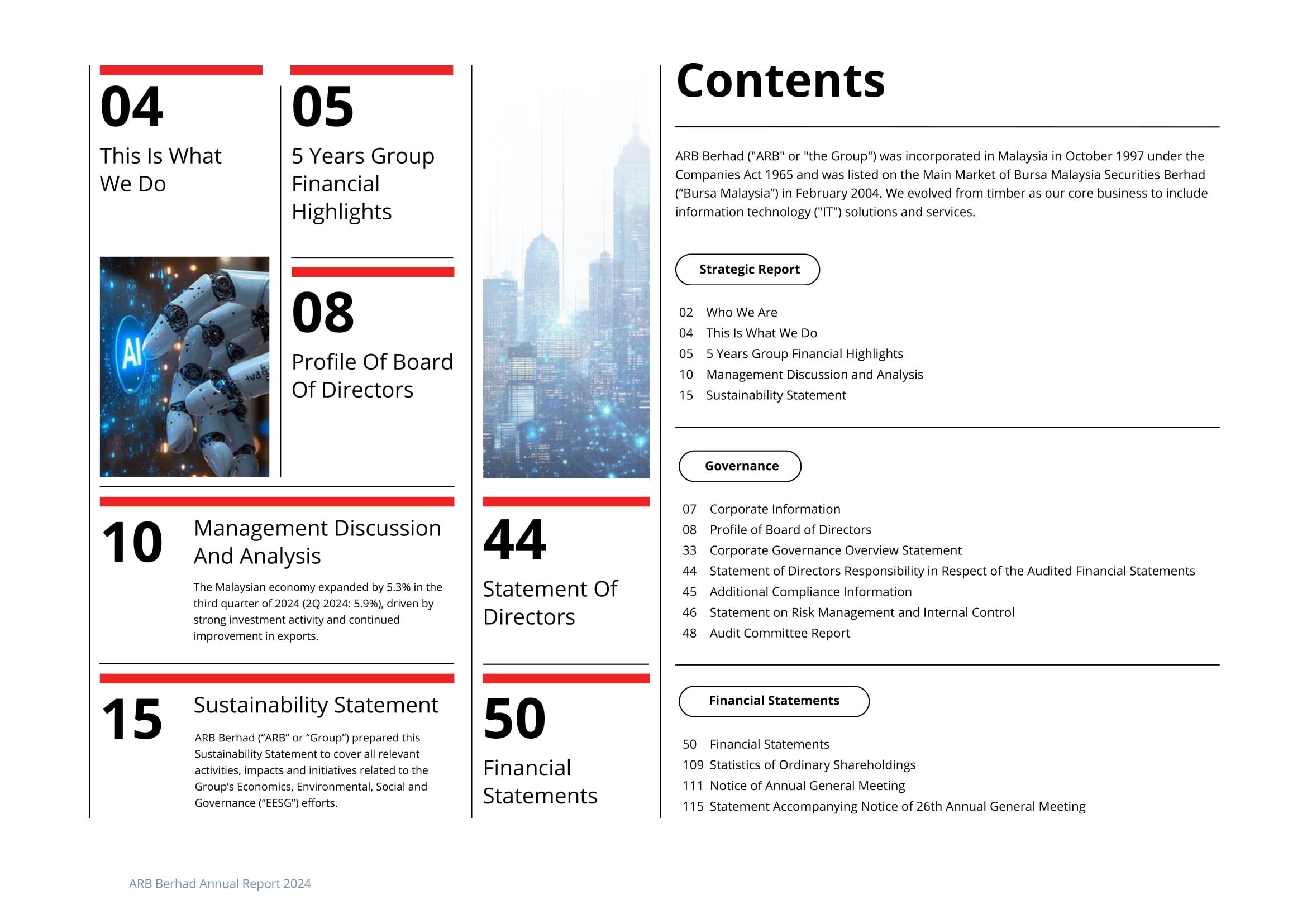 Refined annual report contents page with structured layout and clear section hierarchy.