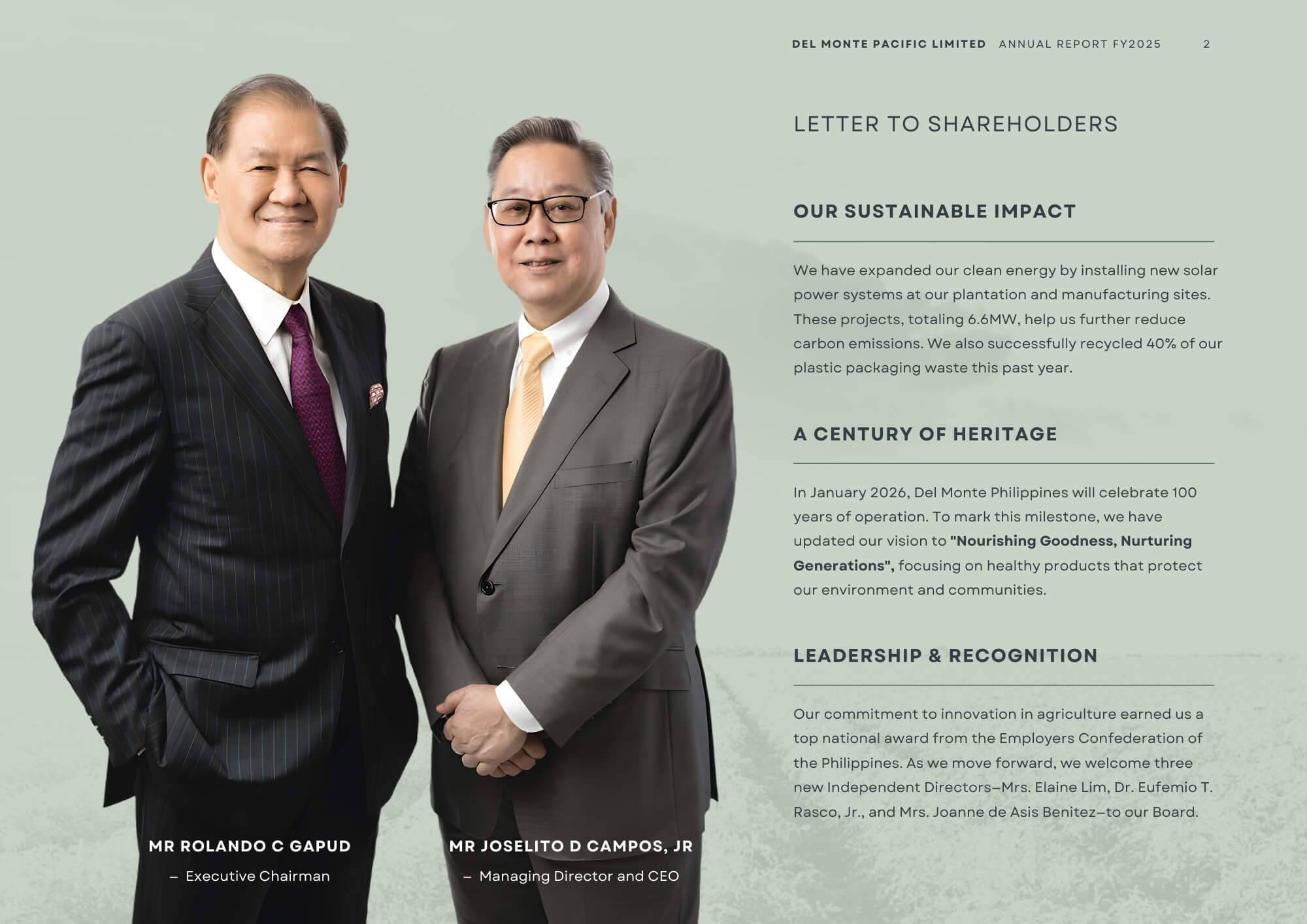 Refined Del Monte annual report shareholder letter page with executive portraits and balanced layout.