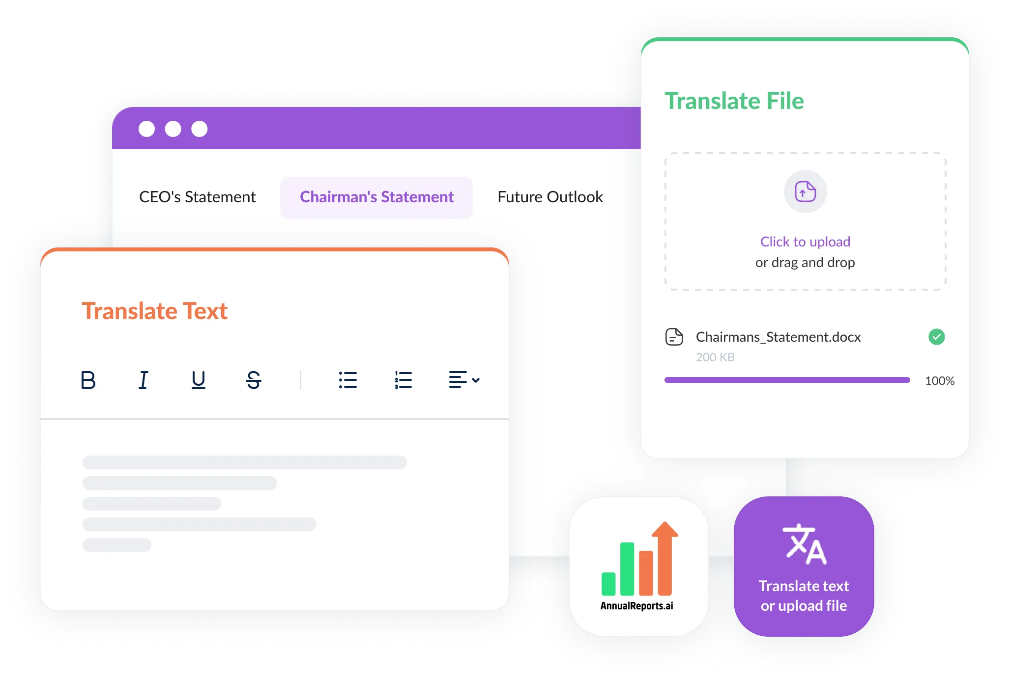 Translate an annual report in-house by uploading files into the correct sections for seamless content integration.